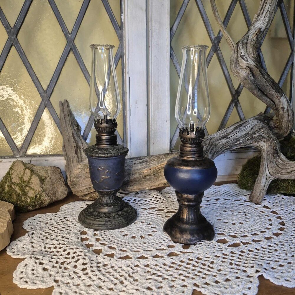 RAYFLAM 2 Mini Oil Lamps Blue Brass Bronze - Picture 5 of 13